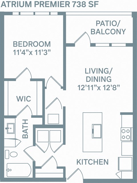 Floor plan for 1 bed, 1 bath, 738 sqft